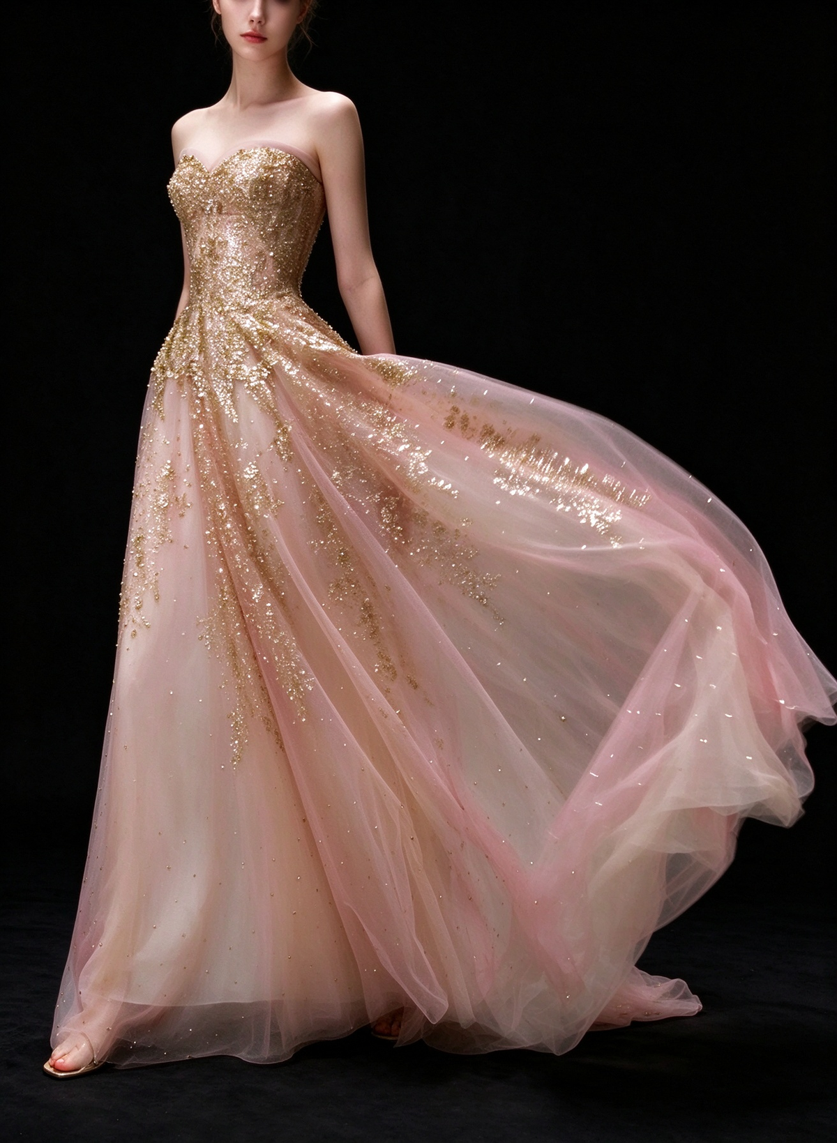 Blush Strapless Gold Glitter Tulle A Line Evening Gown fg9105
