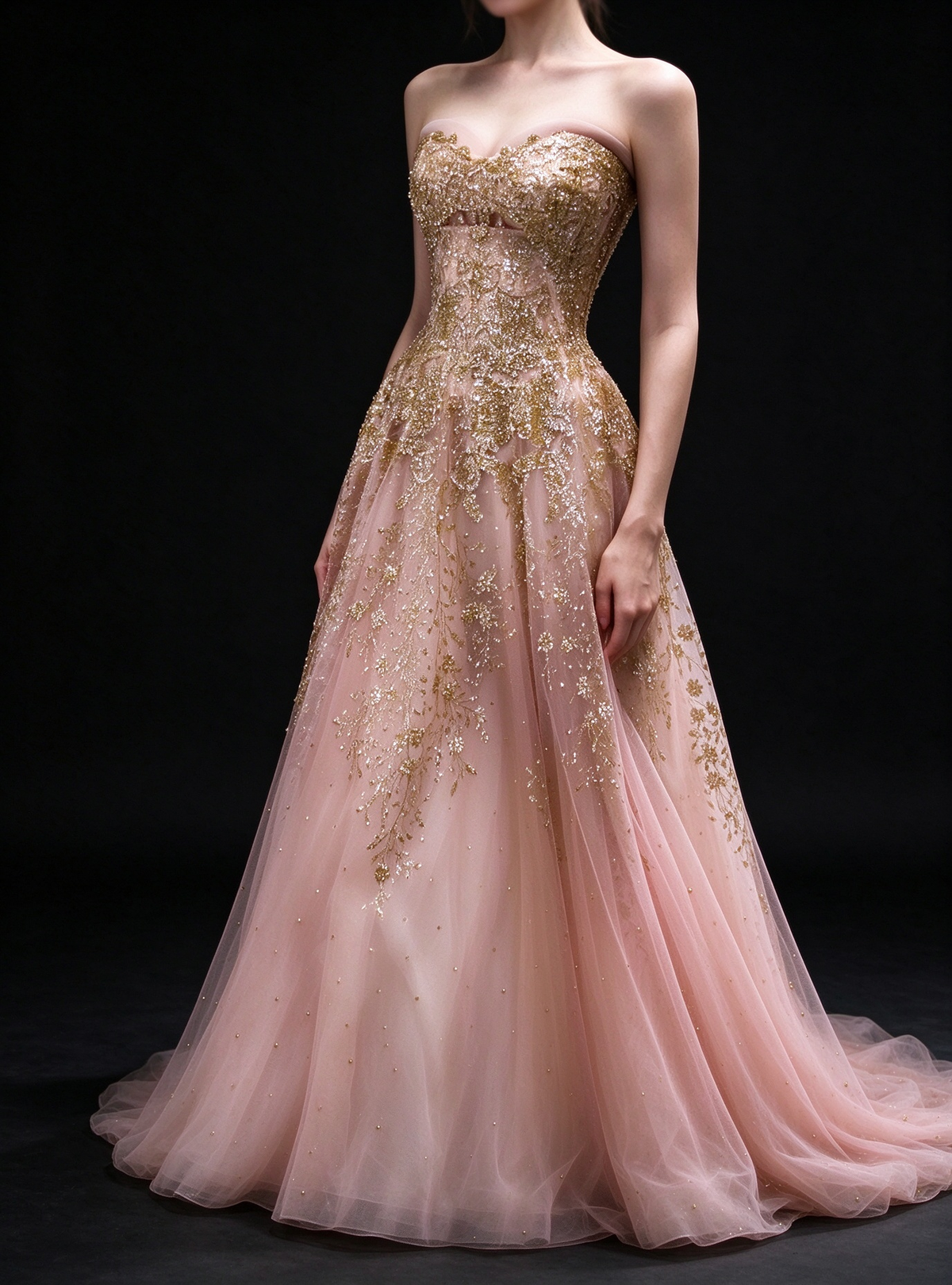 Blush Strapless Gold Glitter Tulle A Line Evening Gown fg9105