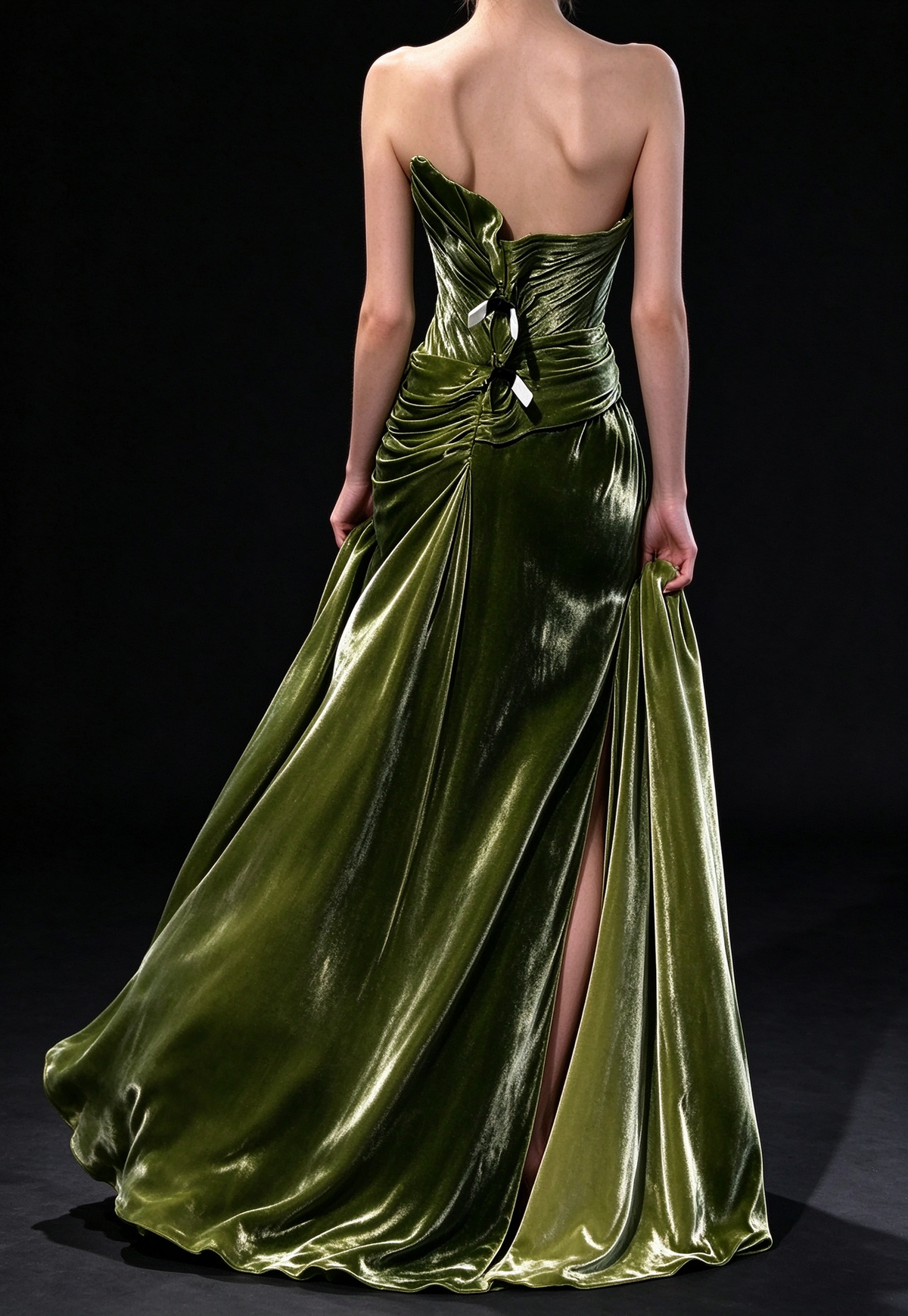 Green Strapless Ruched Satin Slit Evening Gown fg9084
