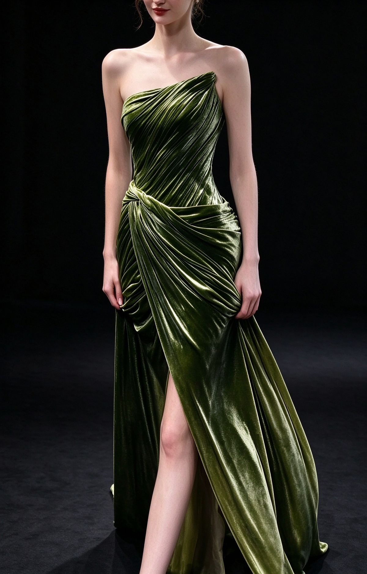 Green Strapless Ruched Satin Slit Evening Gown fg9084