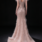 Blush V Neck Beaded Feather Mermaid Evening Dress fg9156