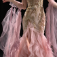 Pink Strapless Beaded Ruffled Tulle Mermaid Evening Dress fg9108