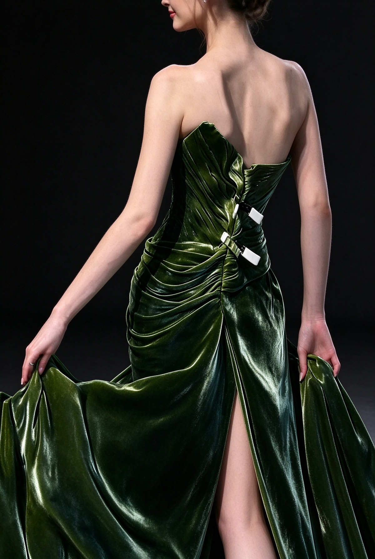 Green Strapless Ruched Satin Slit Evening Gown fg9084