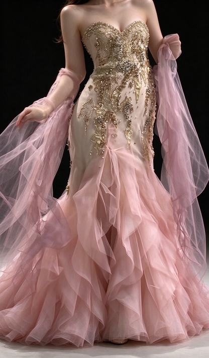 Pink Strapless Beaded Ruffled Tulle Mermaid Evening Dress fg9108
