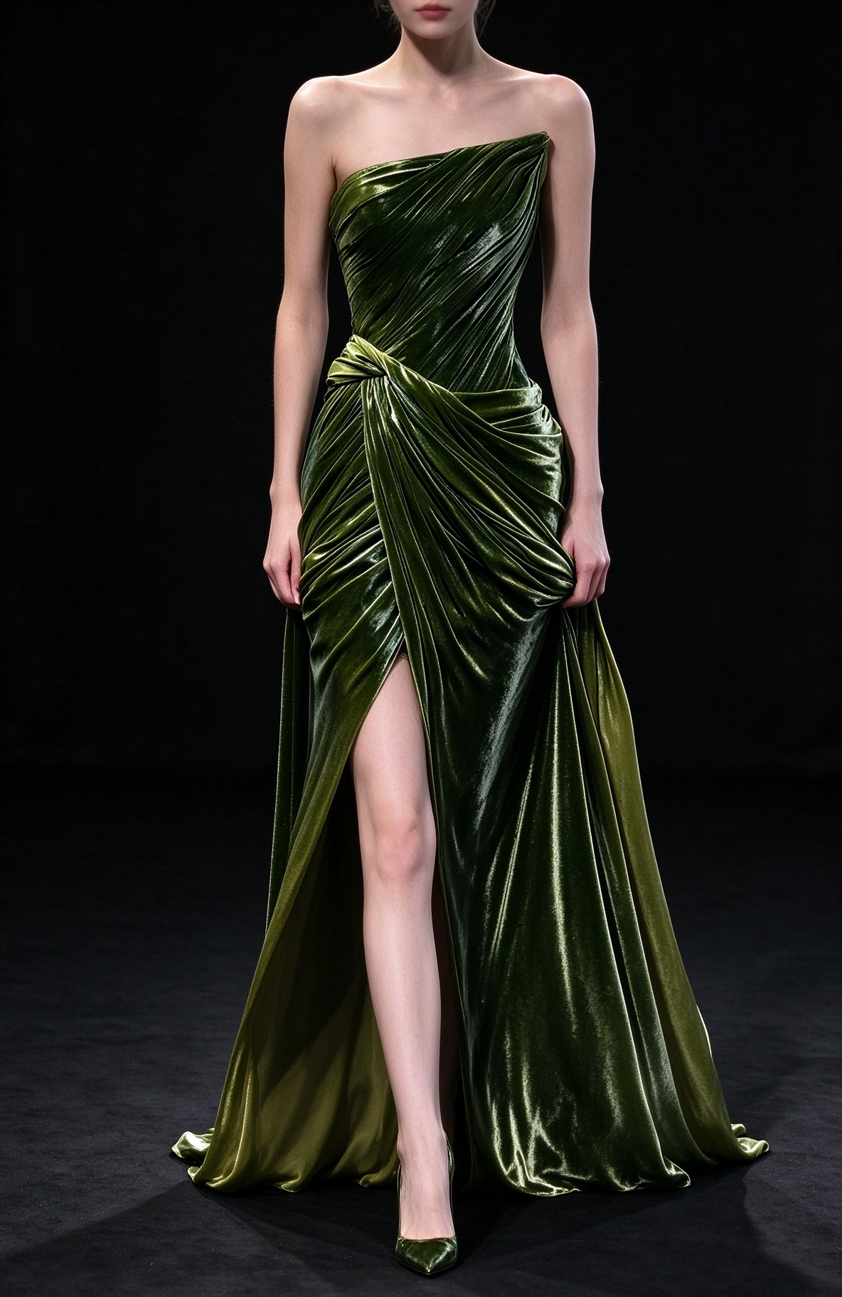 Green Strapless Ruched Satin Slit Evening Gown fg9084