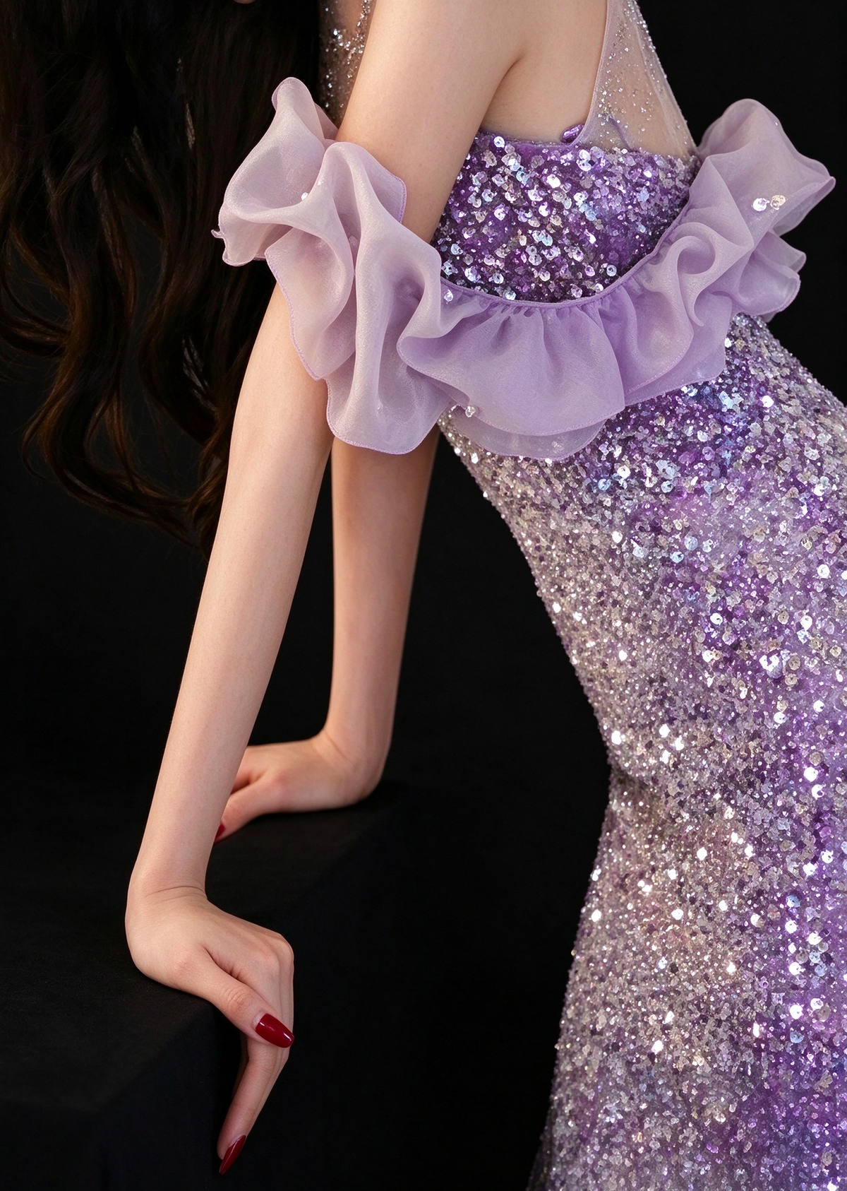 Lavender Halter Off Shoulder Ruffle Sequin Mermaid Evening Dress fg9150