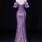 Purple Halter Ruffle Sleeve Sparkle Mermaid Evening Gown fg9173