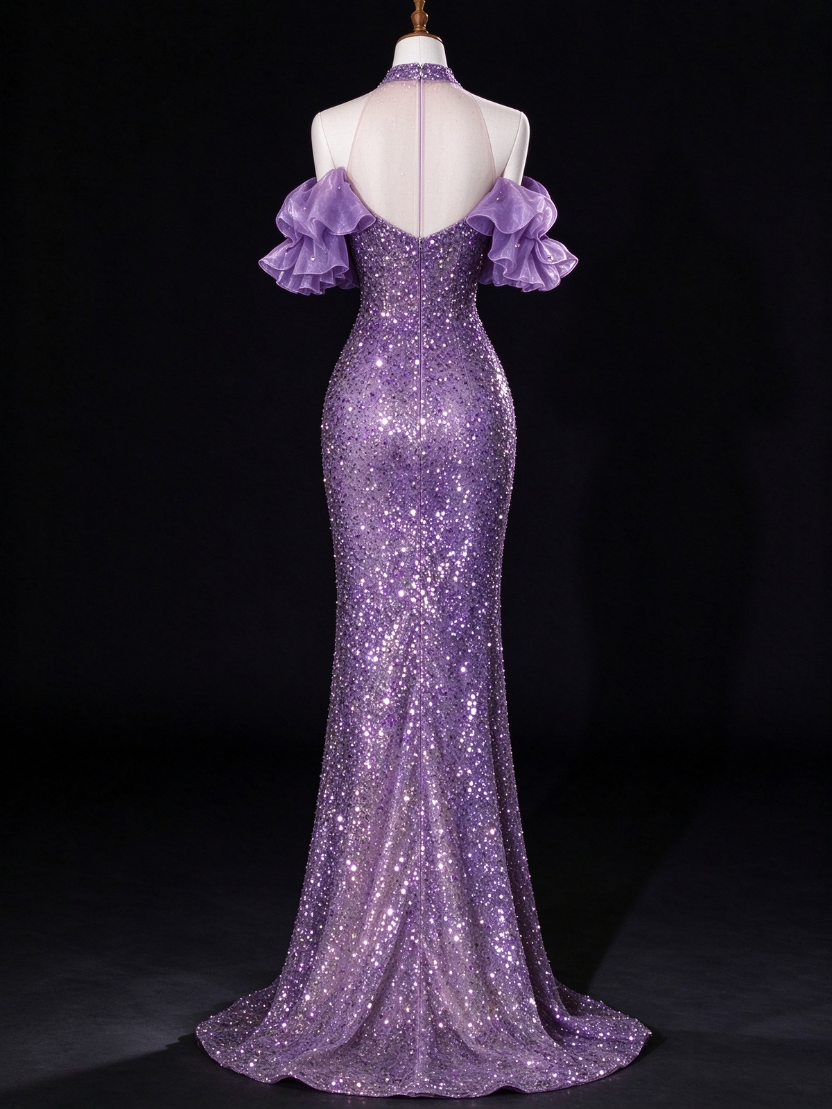 Purple Halter Ruffle Sleeve Sparkle Mermaid Evening Gown fg9173