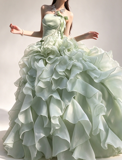 Light Green Strapless Ruffled Organza A Line Evening Gown fg9079