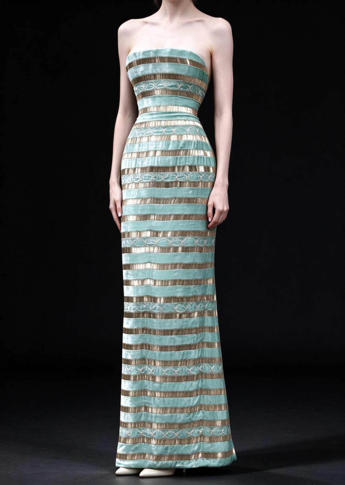 Green Strapless Velvet  Evening Gown fg9087