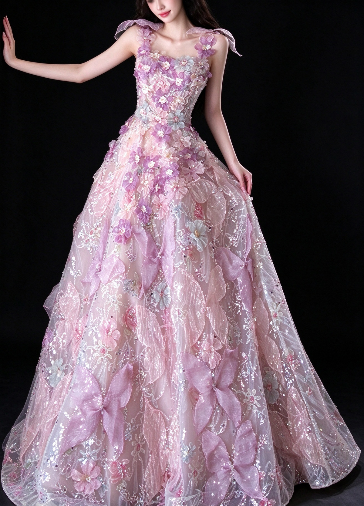 Pink Spaghetti Strap 3D Floral A Line Evening Dress fg9158