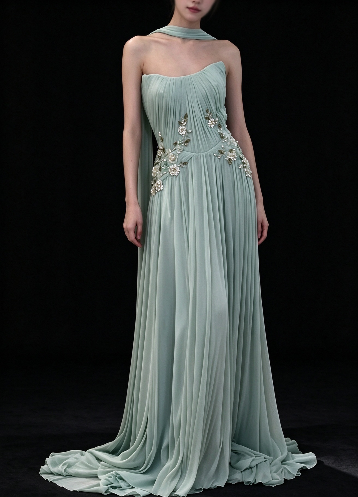 Mint Strapless Halter Ribbed Chiffon A Line Evening Gown fg9091