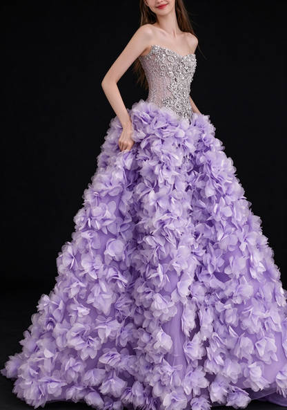 Lavender Strapless Beaded 3D Floral Tulle A Line Evening Gown fg9106