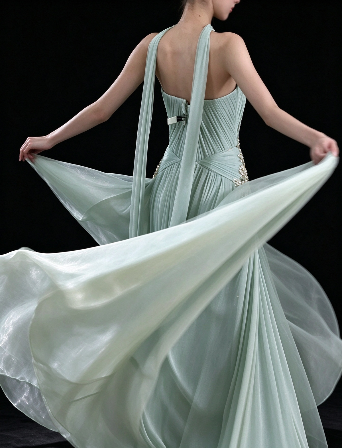 Mint Strapless Halter Ribbed Chiffon A Line Evening Gown fg9091