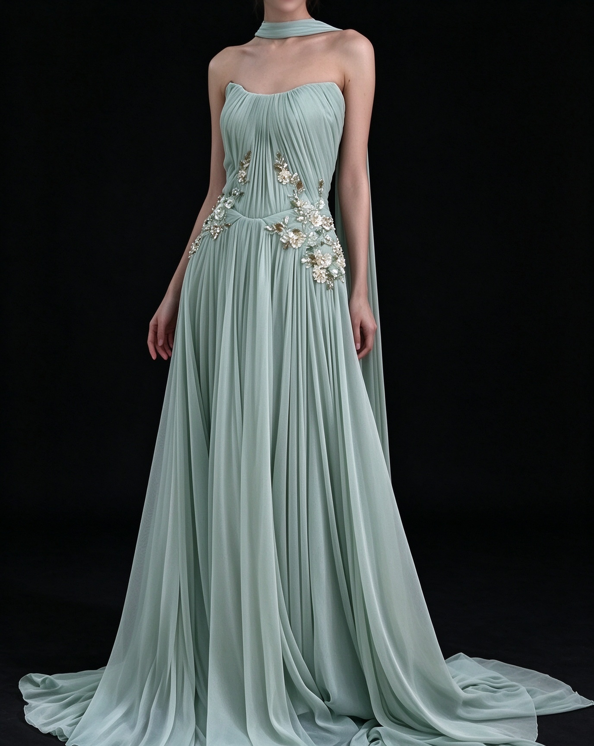 Mint Strapless Halter Ribbed Chiffon A Line Evening Gown fg9091