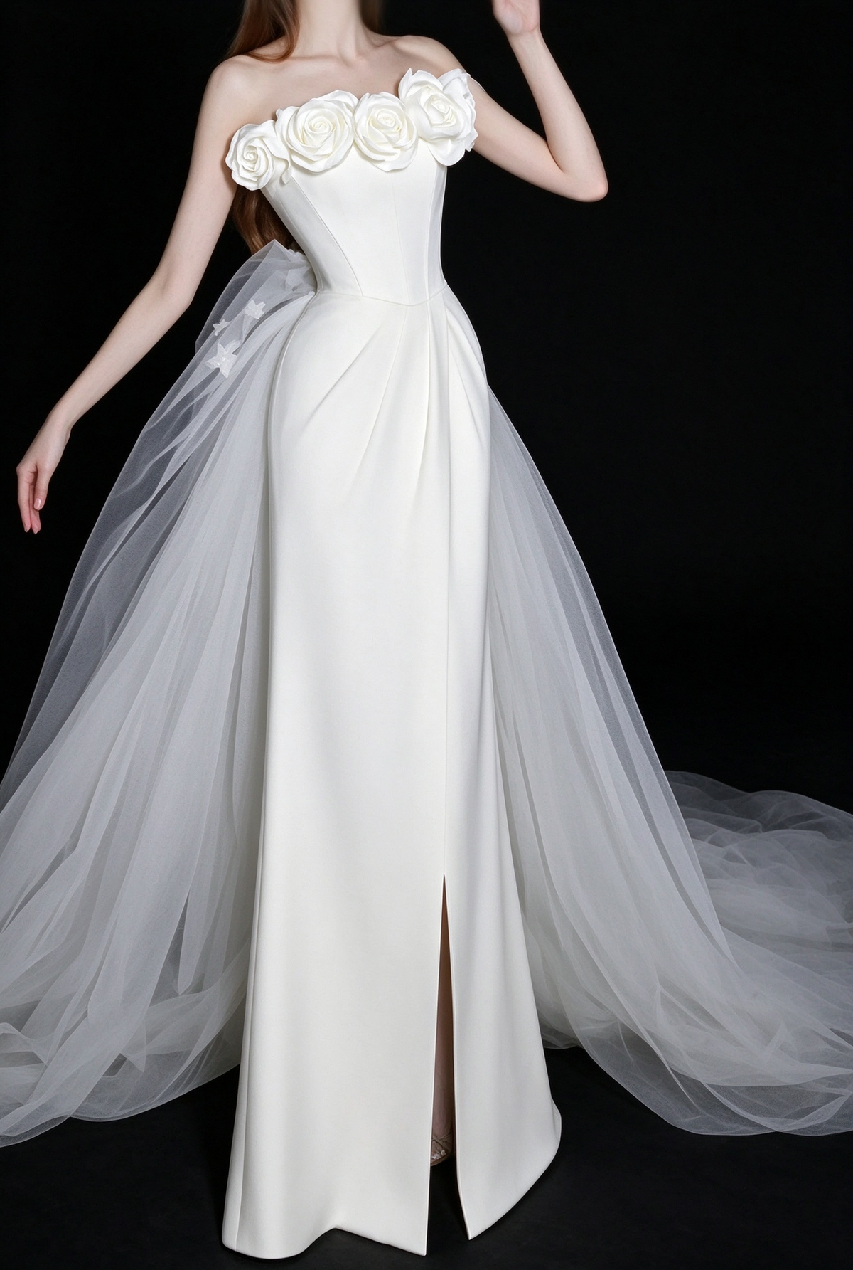 White Strapless 3D Floral Satin Mermaid Wedding Dress With Tulle Train fg9107