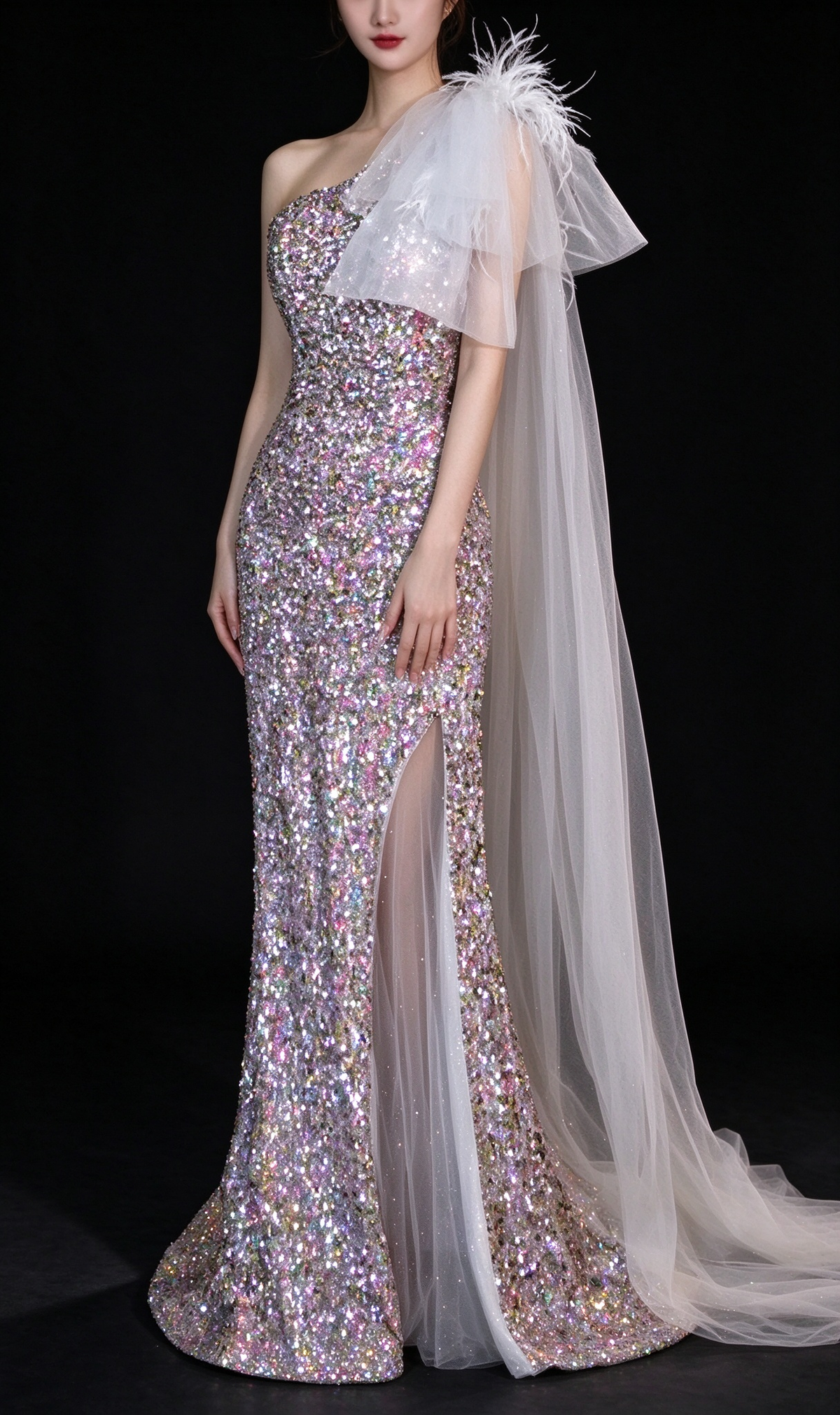 Iridescent One Shoulder Feather Tulle Train Mermaid Evening Dress fg9159