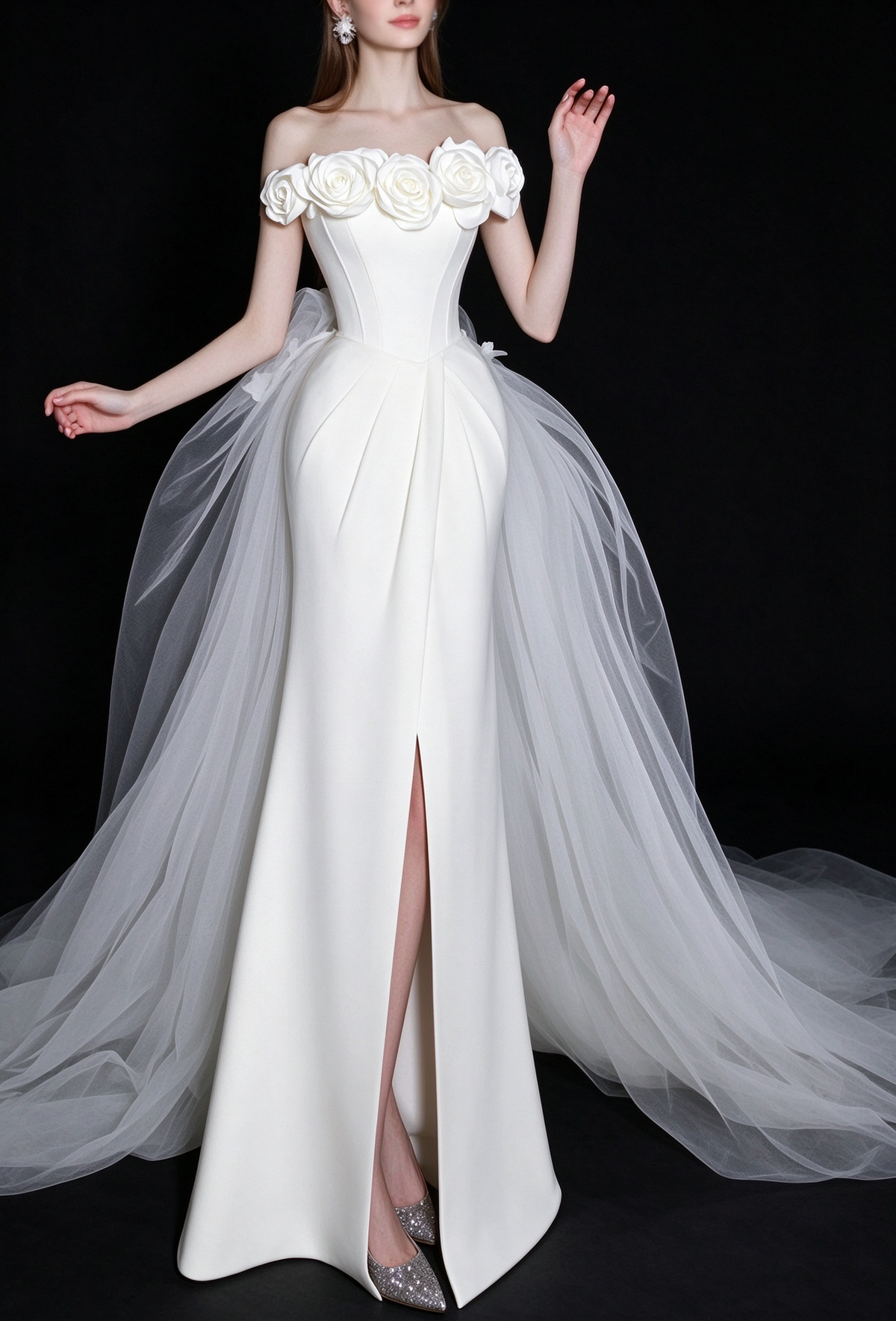 White Strapless 3D Floral Satin Mermaid Wedding Dress With Tulle Train fg9107