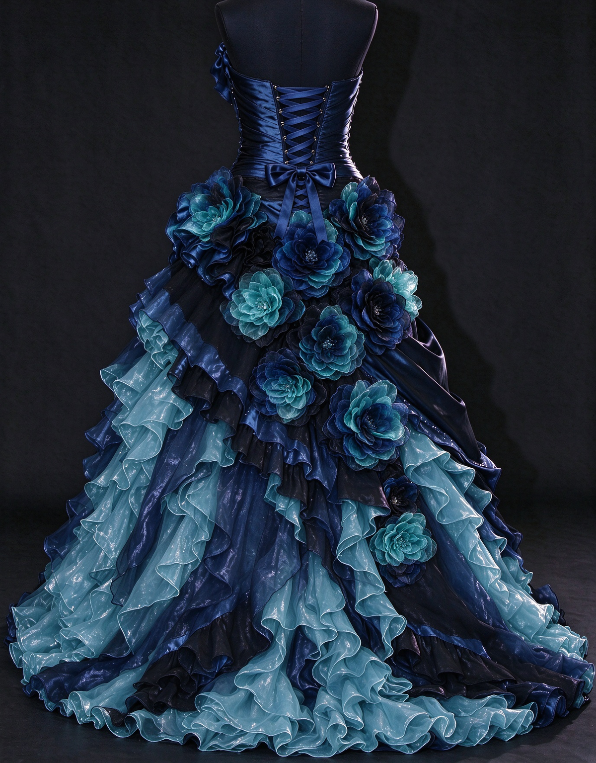 One-Shoulder Blue Ombre Ball Gown with 3D Florals, Beading & Cascading Ruffle Train fg8964