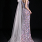 Iridescent One Shoulder Feather Tulle Train Mermaid Evening Dress fg9159