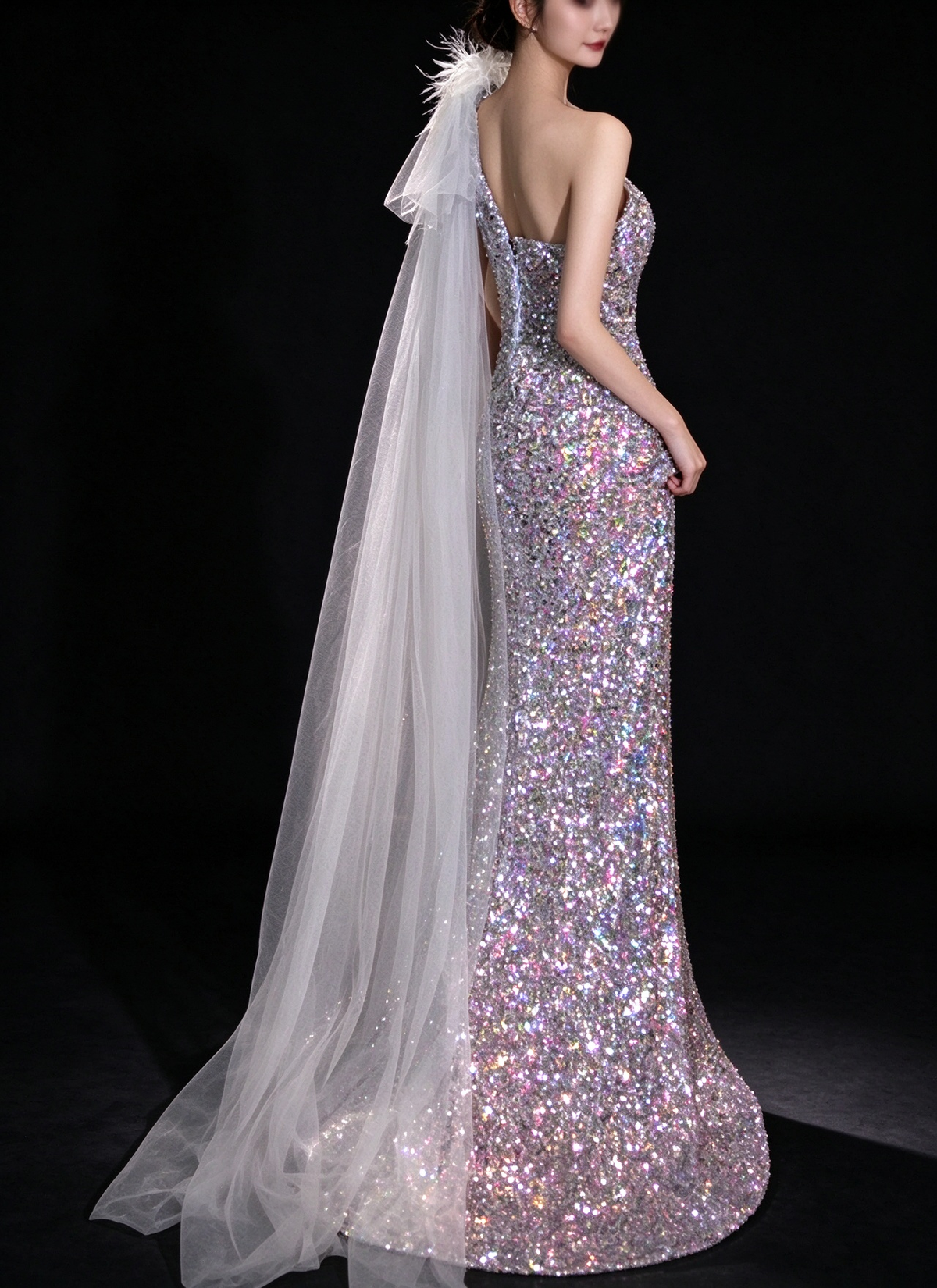 Iridescent One Shoulder Feather Tulle Train Mermaid Evening Dress fg9159