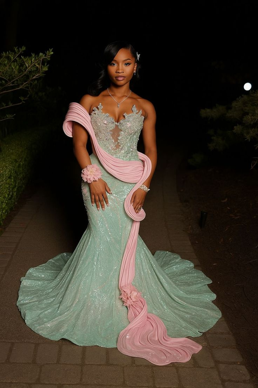 Robe de bal longue sirène vert menthe, sexy et brillante, fg8314