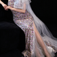 Iridescent One Shoulder Feather Tulle Train Mermaid Evening Dress fg9159