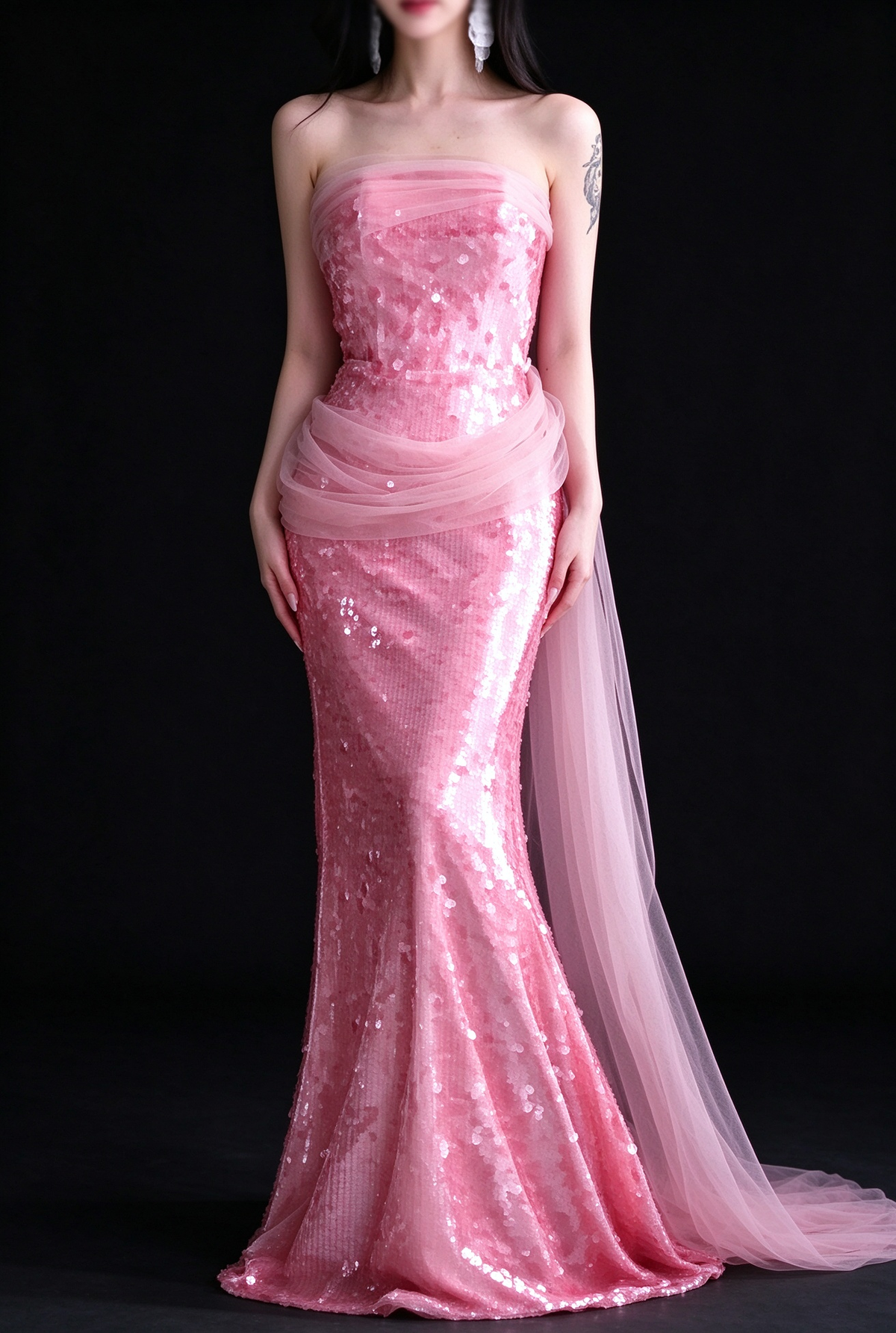 Pink Strapless Sequin Mermaid Evening Dress With Tulle Sash fg9109