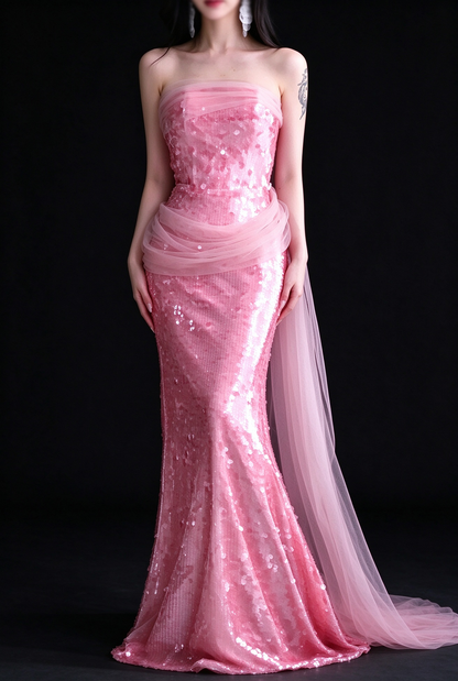 Pink Strapless Sequin Mermaid Evening Dress With Tulle Sash fg9109