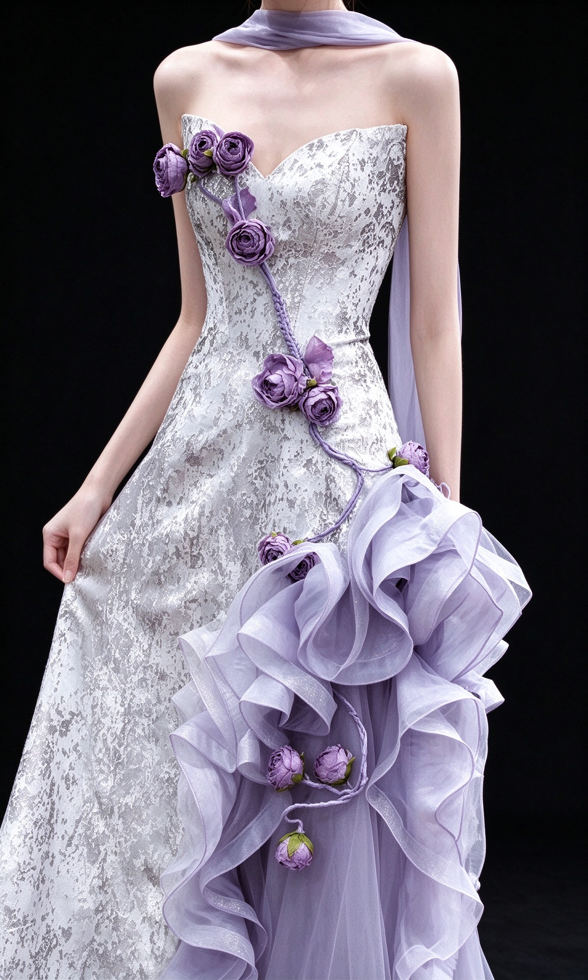 Lavender Strapless 3D Floral Ruffle Tulle Evening Dress fg9160