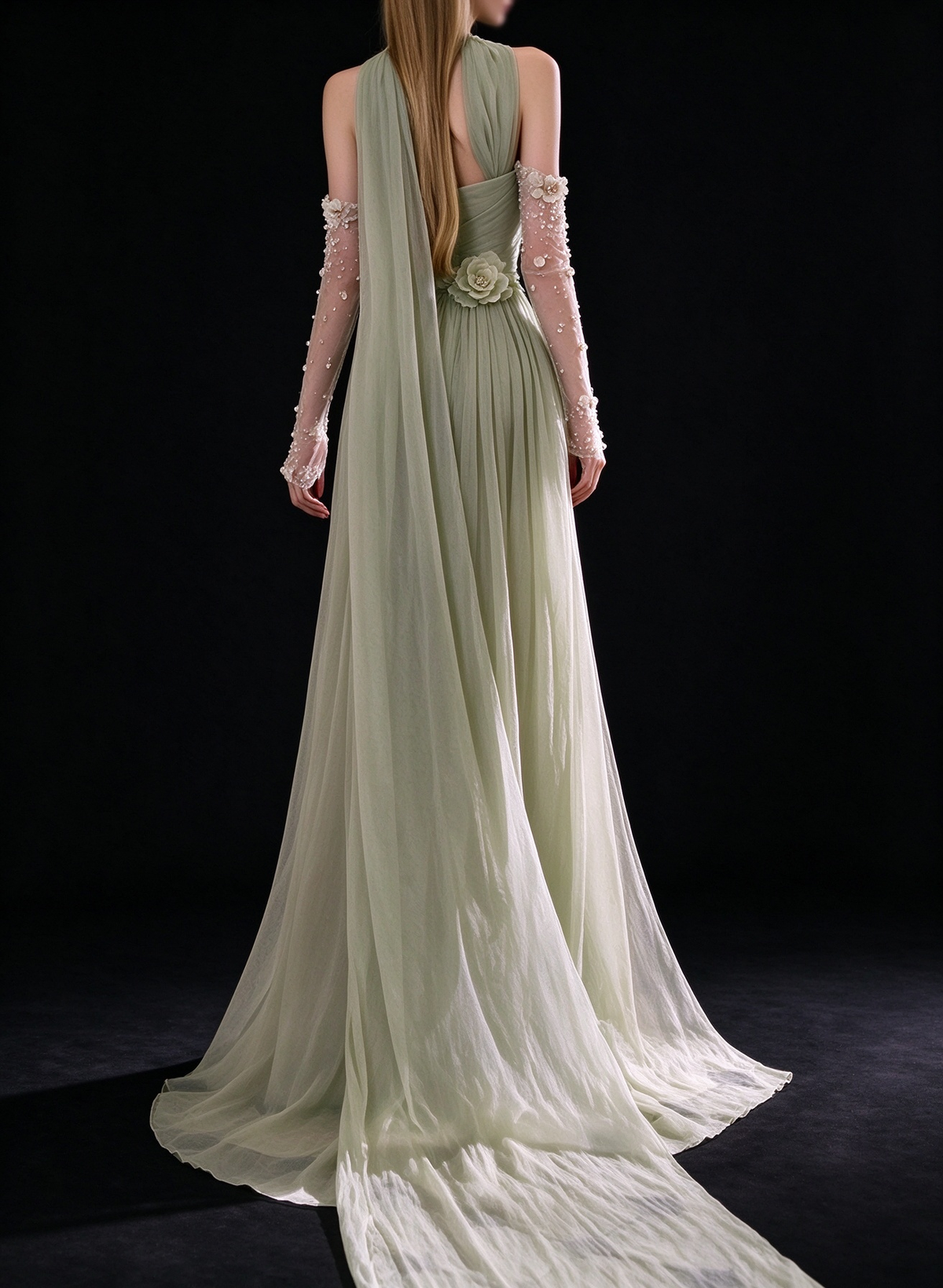 Sage Strapless 3D Flower Chiffon Split Evening Gown fg9092