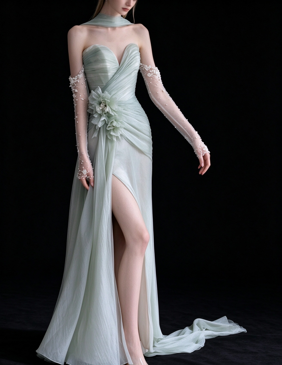 Sage Strapless 3D Flower Chiffon Split Evening Gown fg9092