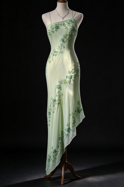 Green Spaghetti Strap Floral Beaded Asymmetrical Evening Dress fg9093