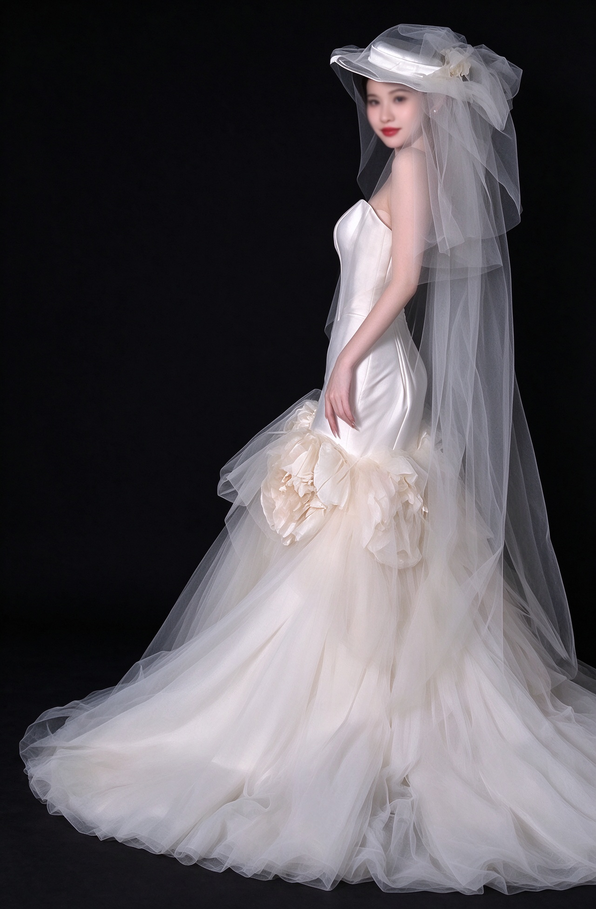 White Strapless Satin 3D Floral Mermaid Wedding Dress fg9100