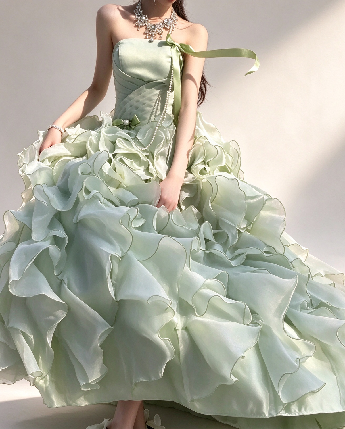 Light Green Strapless Ruffled Organza A Line Evening Gown fg9079