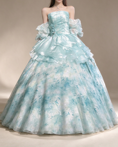 Aqua Strapless Detachable Puff Sleeve Printed Organza A Line Evening Gown fg9080