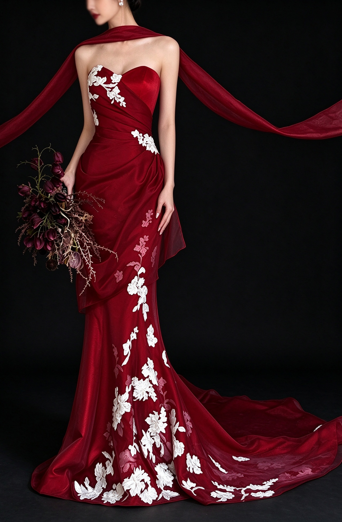 Red Strapless Mermaid White Floral Embroidery Satin Evening Dress fg9161