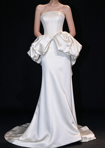 White Strapless Corset Big Bow Satin Mermaid Wedding Dress fg9162