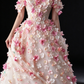Pink Off Shoulder 3D Floral Glitter Tulle A Line Evening Dress fg9163