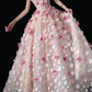 Pink Off Shoulder 3D Floral Glitter Tulle A Line Evening Dress fg9163