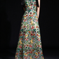 Green Floral Beaded Bow Strap A Line Evening Dress fg9113