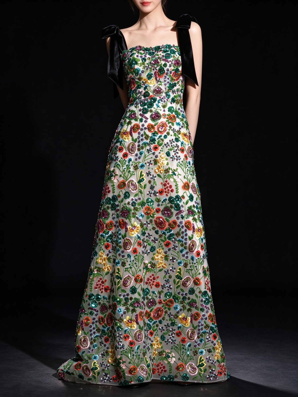 Green Floral Beaded Bow Strap A Line Evening Dress fg9113