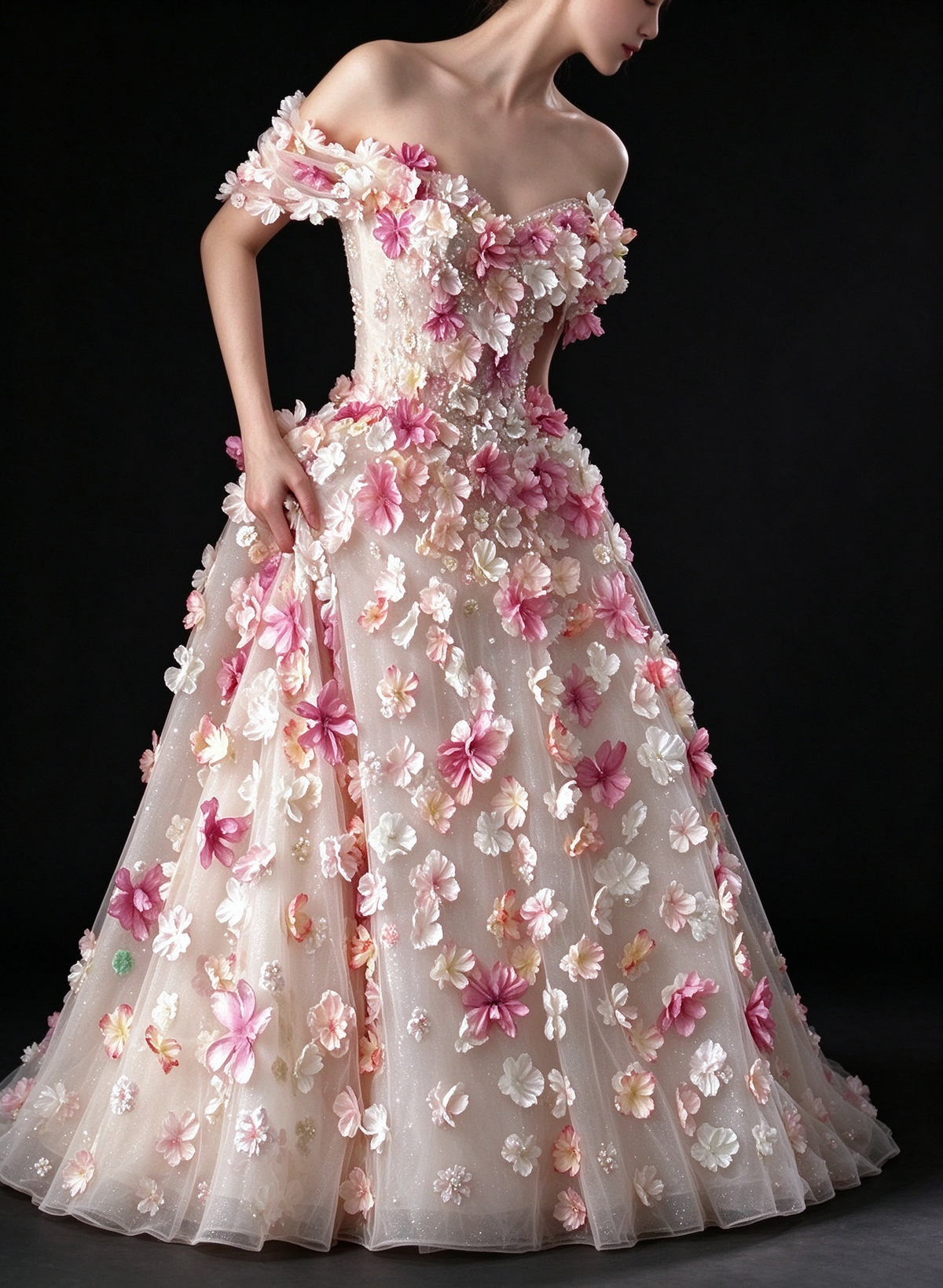 Pink Off Shoulder 3D Floral Glitter Tulle A Line Evening Dress fg9163