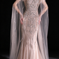 Champagne V Neck Feather Beaded Mermaid Evening Dress With Tulle Cape fg9151