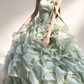 Light Green Strapless Ruffled Organza A Line Evening Gown fg9079