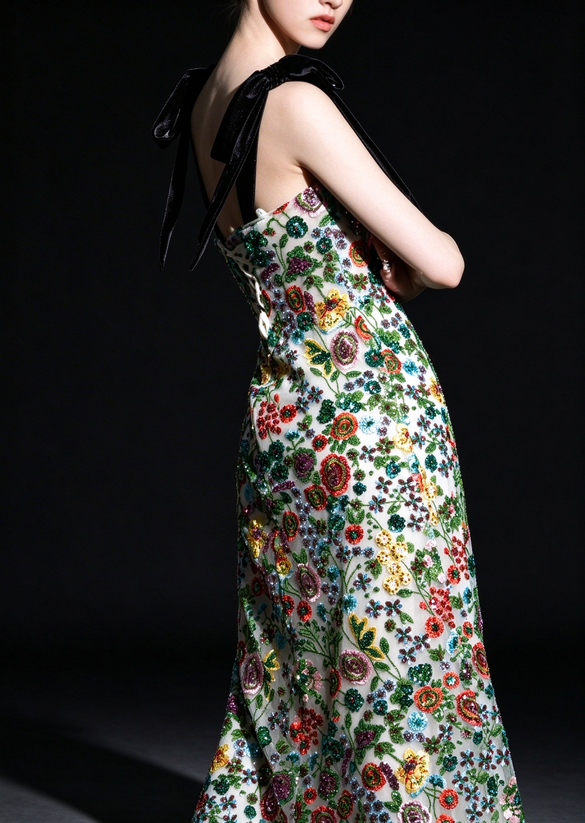 Green Floral Beaded Bow Strap A Line Evening Dress fg9113