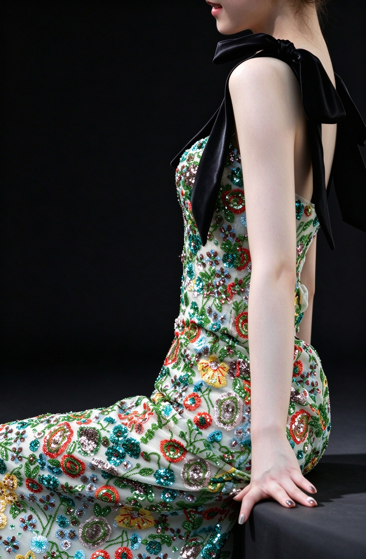 Green Floral Beaded Bow Strap A Line Evening Dress fg9113