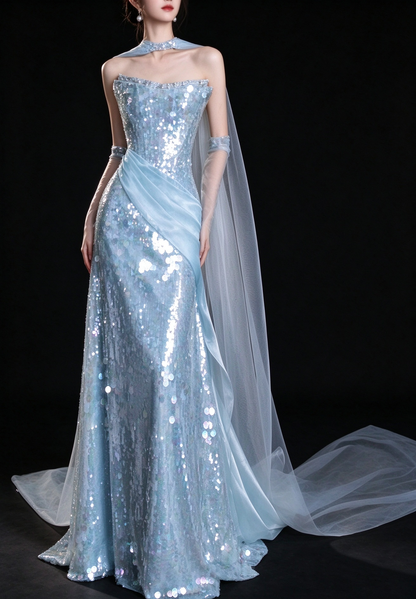 Light Blue Strapless Sequin Mermaid Evening Dress With Cape fg9164