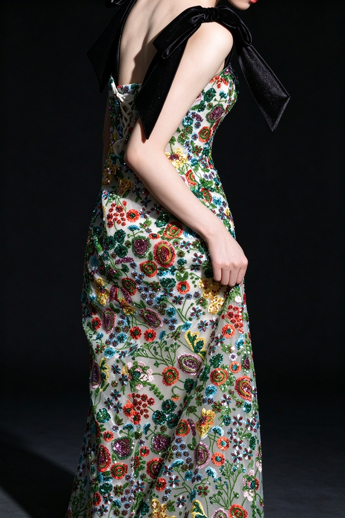 Green Floral Beaded Bow Strap A Line Evening Dress fg9113