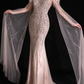 Champagne V Neck Feather Beaded Mermaid Evening Dress With Tulle Cape fg9151
